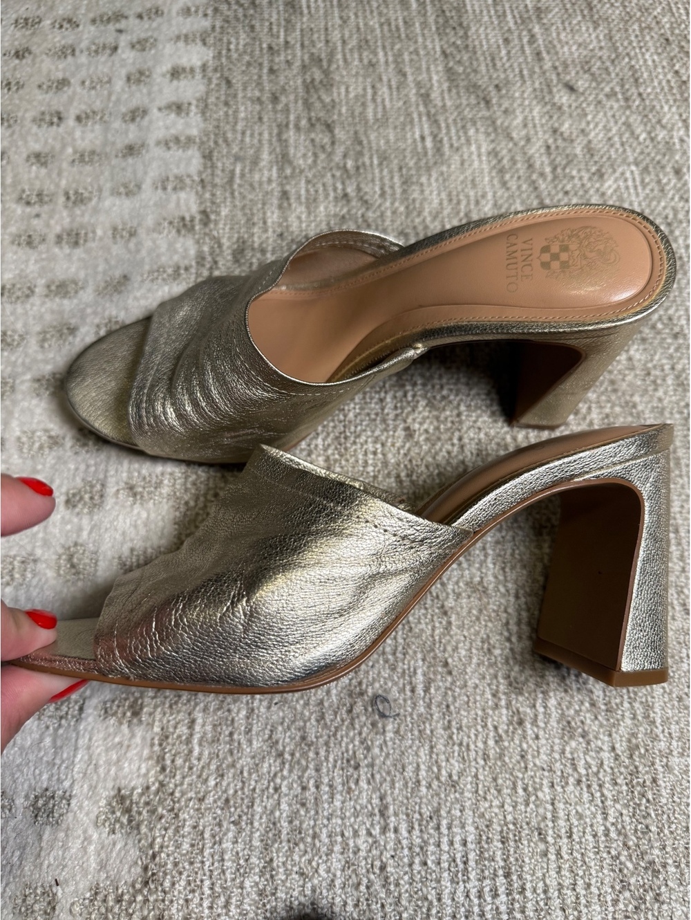 Vince‎ Camuto Metallic Gold Leather Open-Toe Mules Heels - Picture 5 of 9
